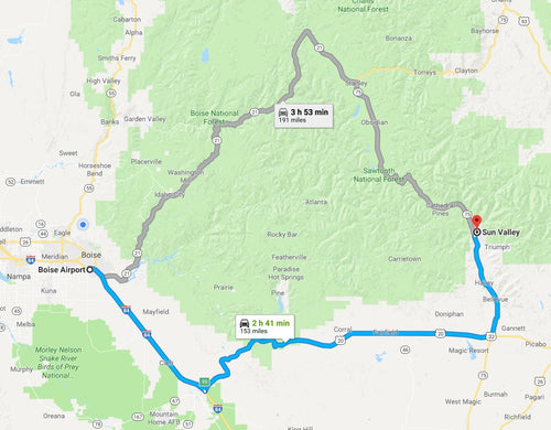 Map from Boise through the Sawtooths to the Wood River Valley